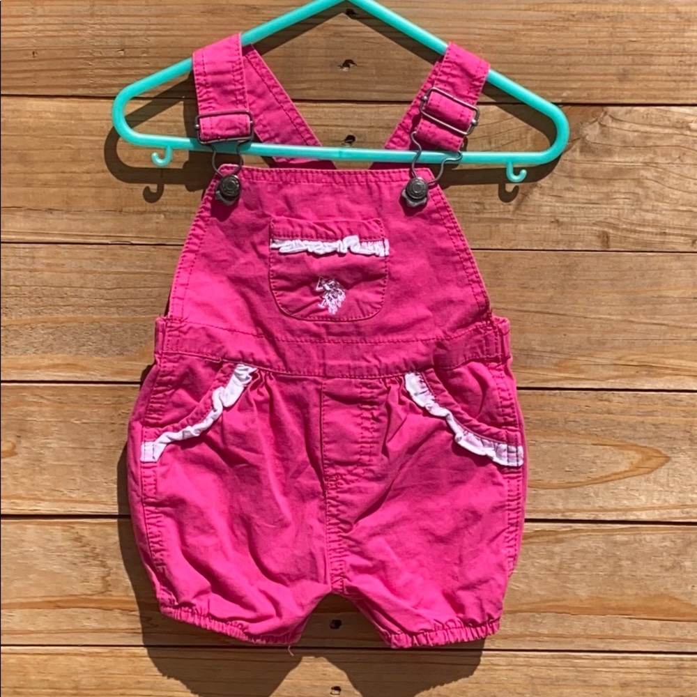 US Polo Pink Ruffled Overalls Baby Girl Onesie 6-9